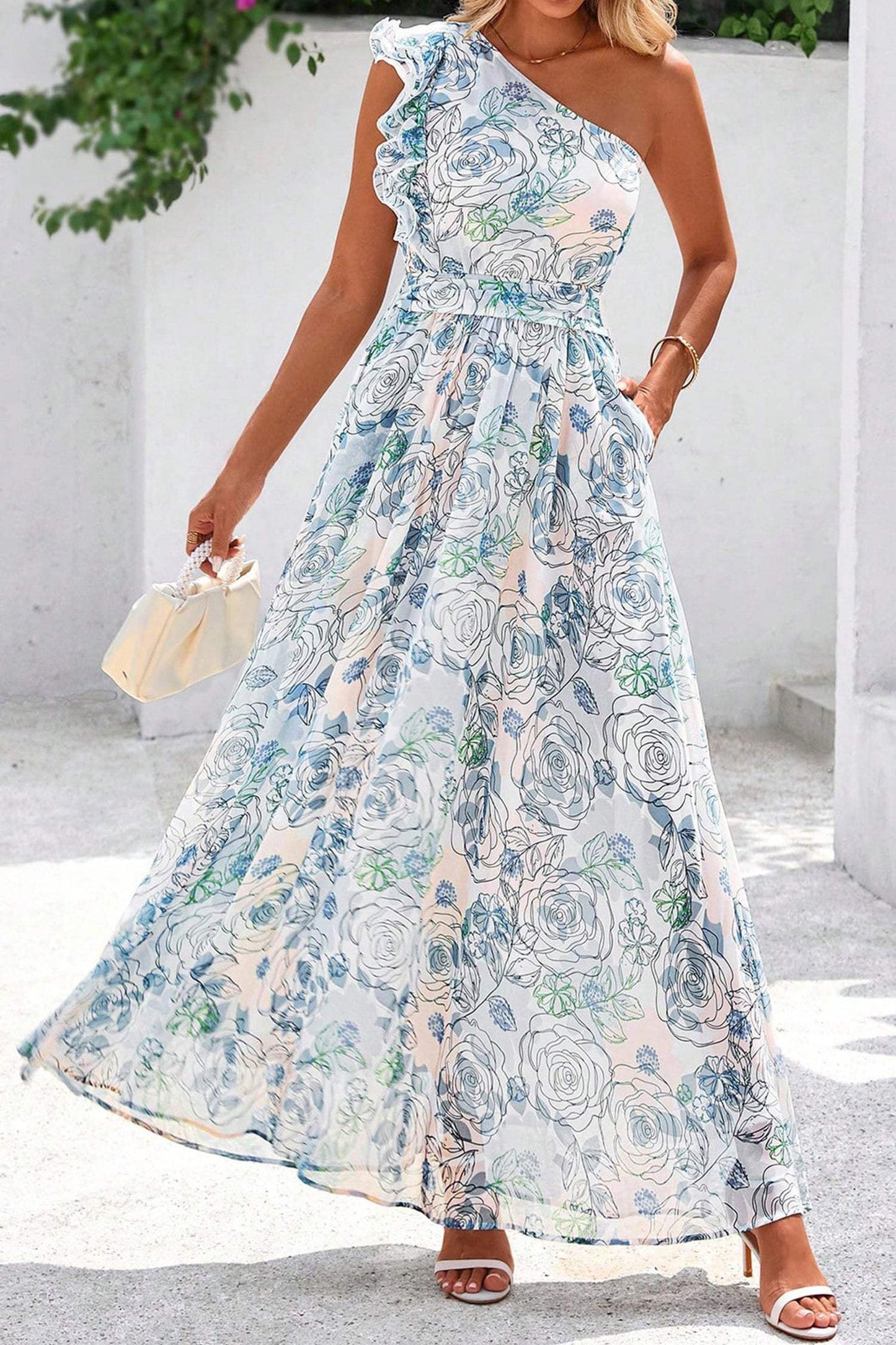 Sky Blue Floral Print Ruffled One Shoulder Vacation Maxi Dress