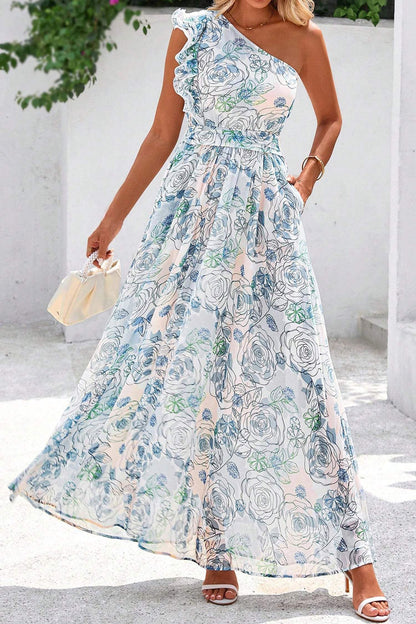 Sky Blue Floral Print Ruffled One Shoulder Vacation Maxi Dress