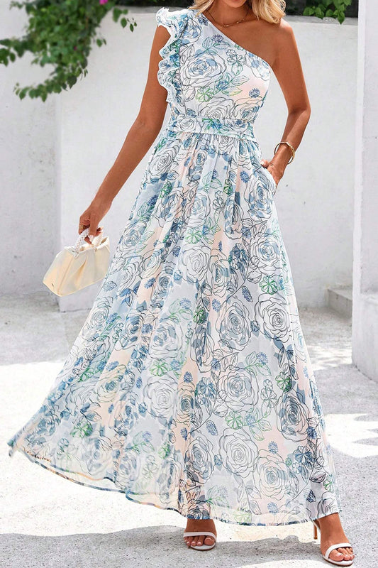 Sky Blue Floral Print Ruffled One Shoulder Vacation Maxi Dress