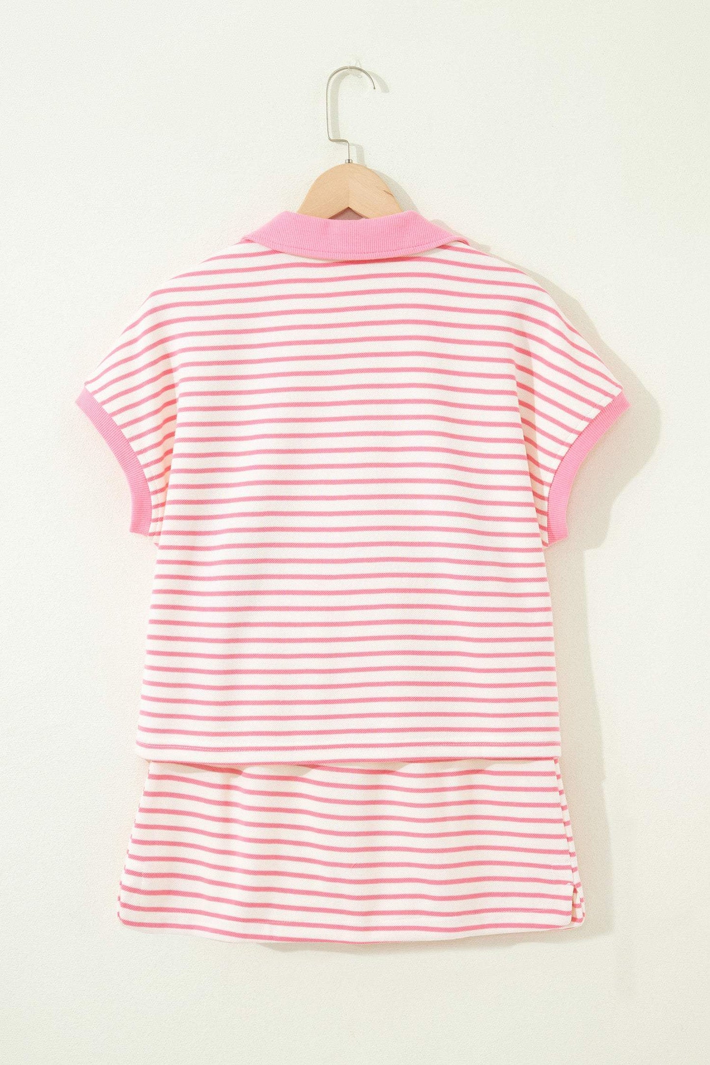 Pink Stripe Color Block Patchwork Polo Tee Drawstring Elastic Waist 2pcs Skort Set