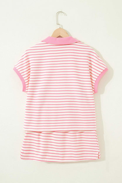 Pink Stripe Color Block Patchwork Polo Tee Drawstring Elastic Waist 2pcs Skort Set