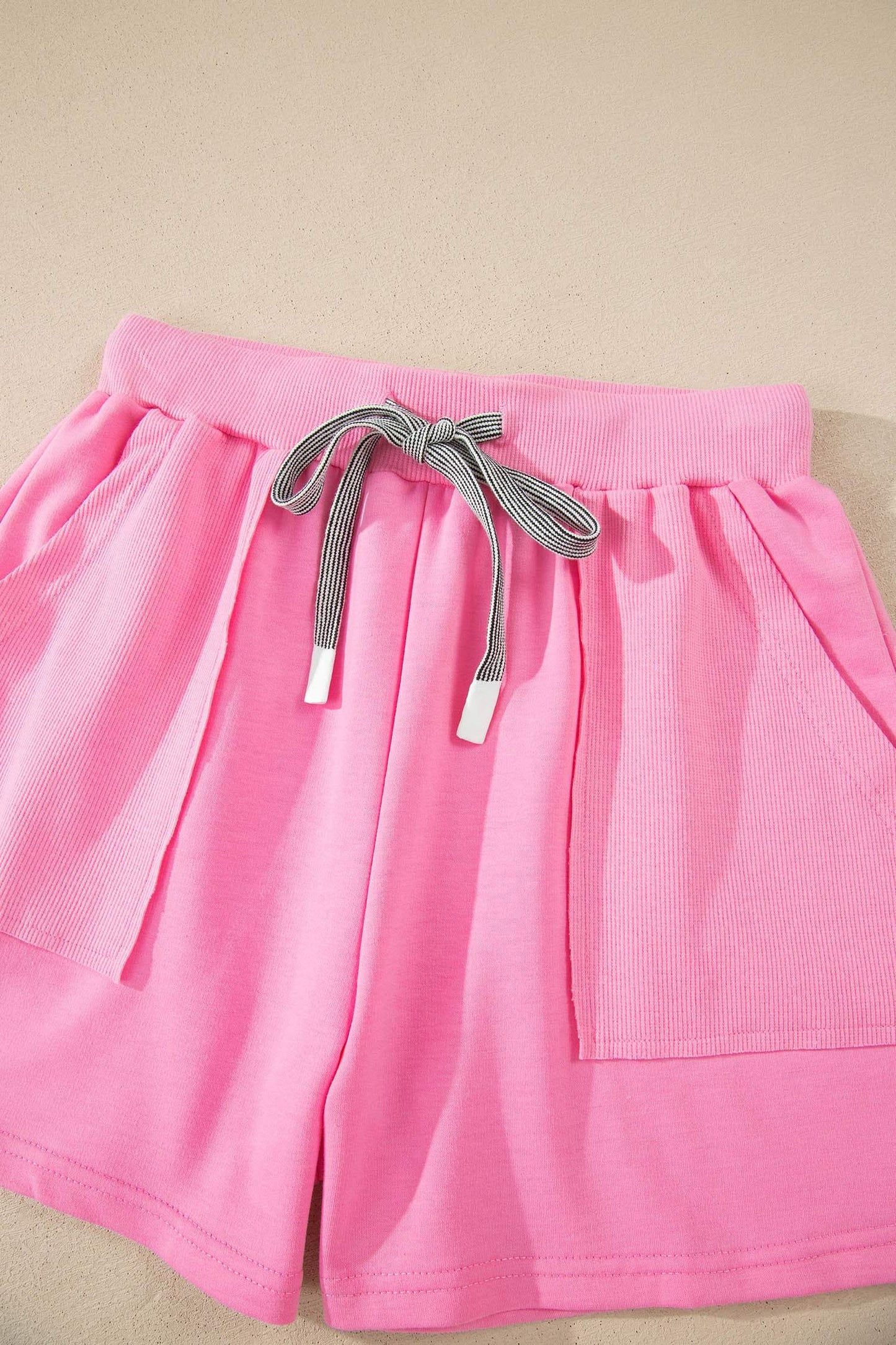 Sachet Pink V Neck Short Sleeve Top Drawstring Shorts 2pcs Set