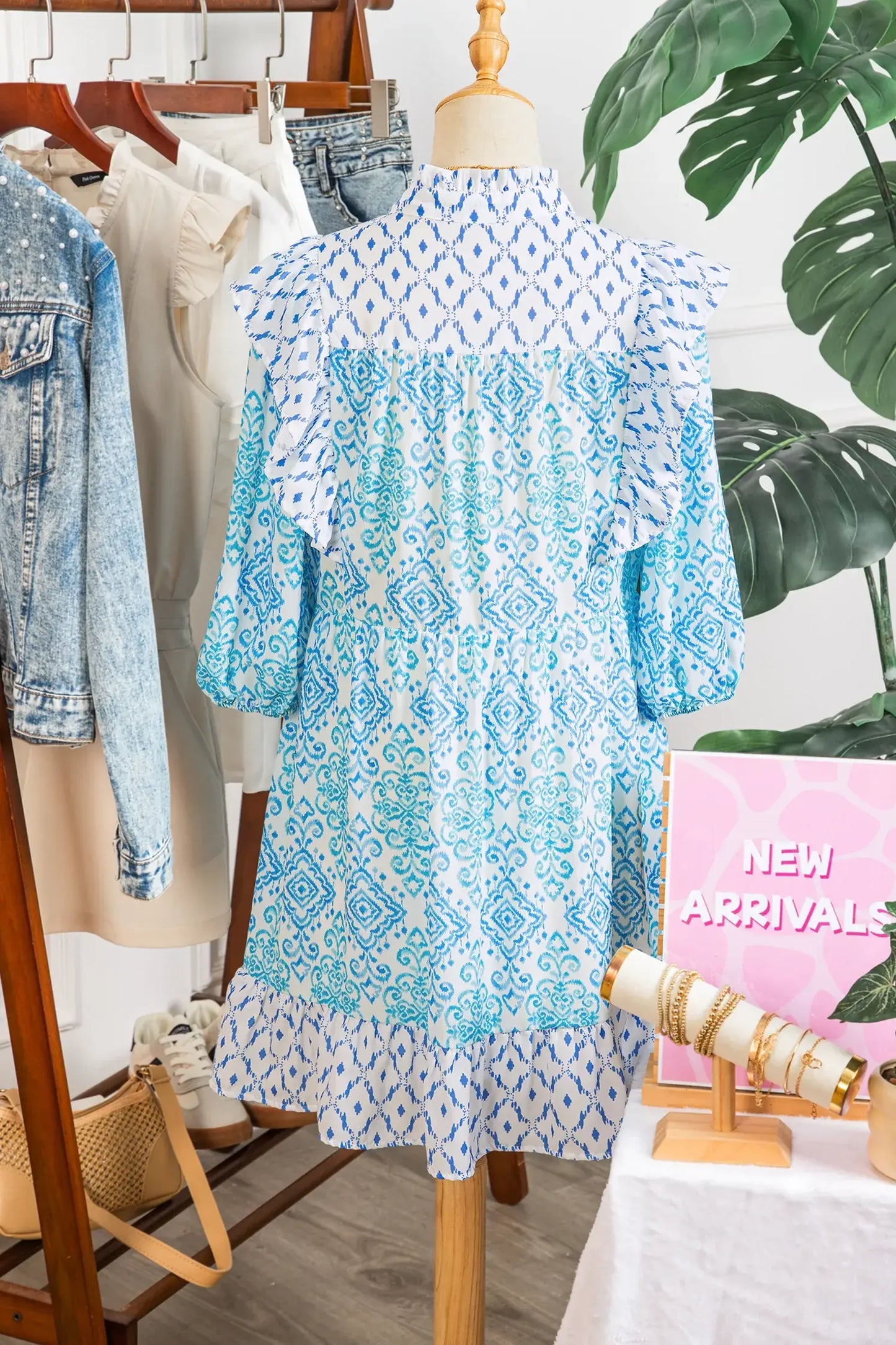 Sky Blue Boho Floral Geometric Patchwork Ruffle Detail Puff Sleeve Mini Dress - Sweet Fashion Wholesale