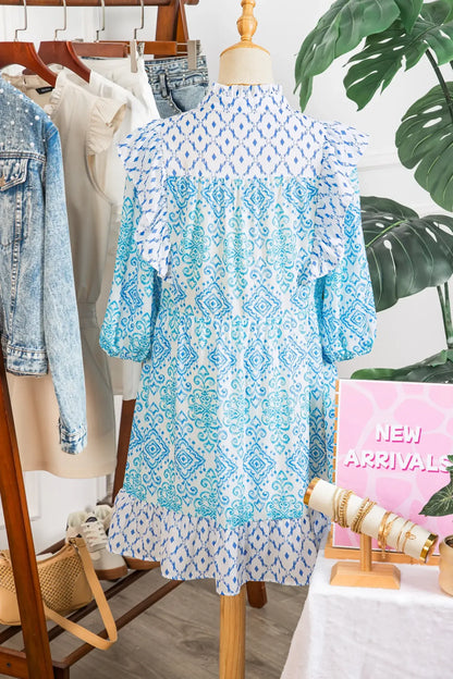 Sky Blue Boho Floral Geometric Patchwork Ruffle Detail Puff Sleeve Mini Dress - Sweet Fashion Wholesale