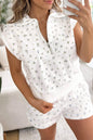 White Floral Print Half Zip Top Matching Short Set