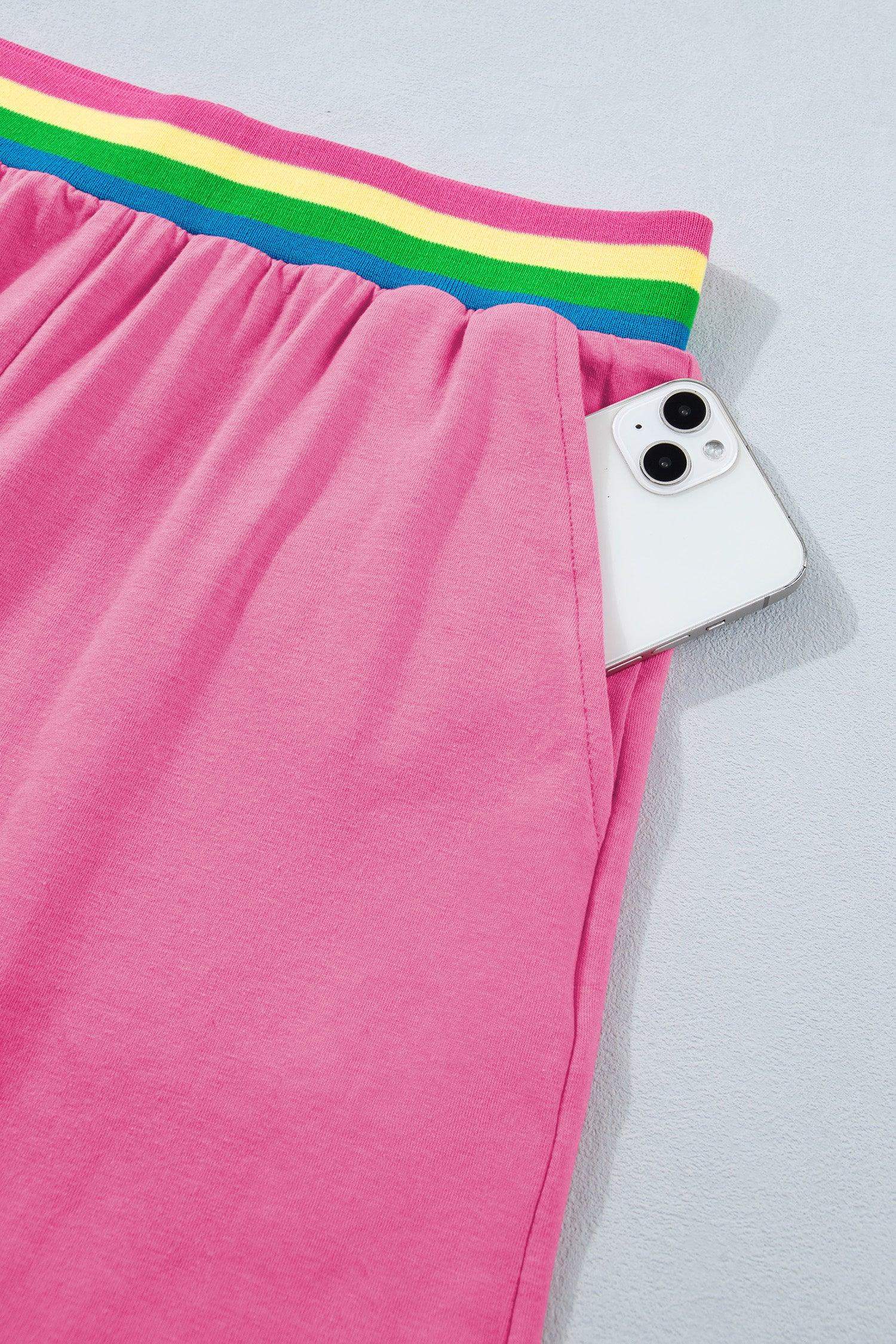Bright Pink Seam Detail Raw Edge Tee Rainbow Waistband Casual Short Set - Sweet Fashion Wholesale