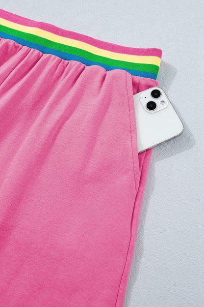 Bright Pink Seam Detail Raw Edge Tee Rainbow Waistband Casual Short Set - Sweet Fashion Wholesale