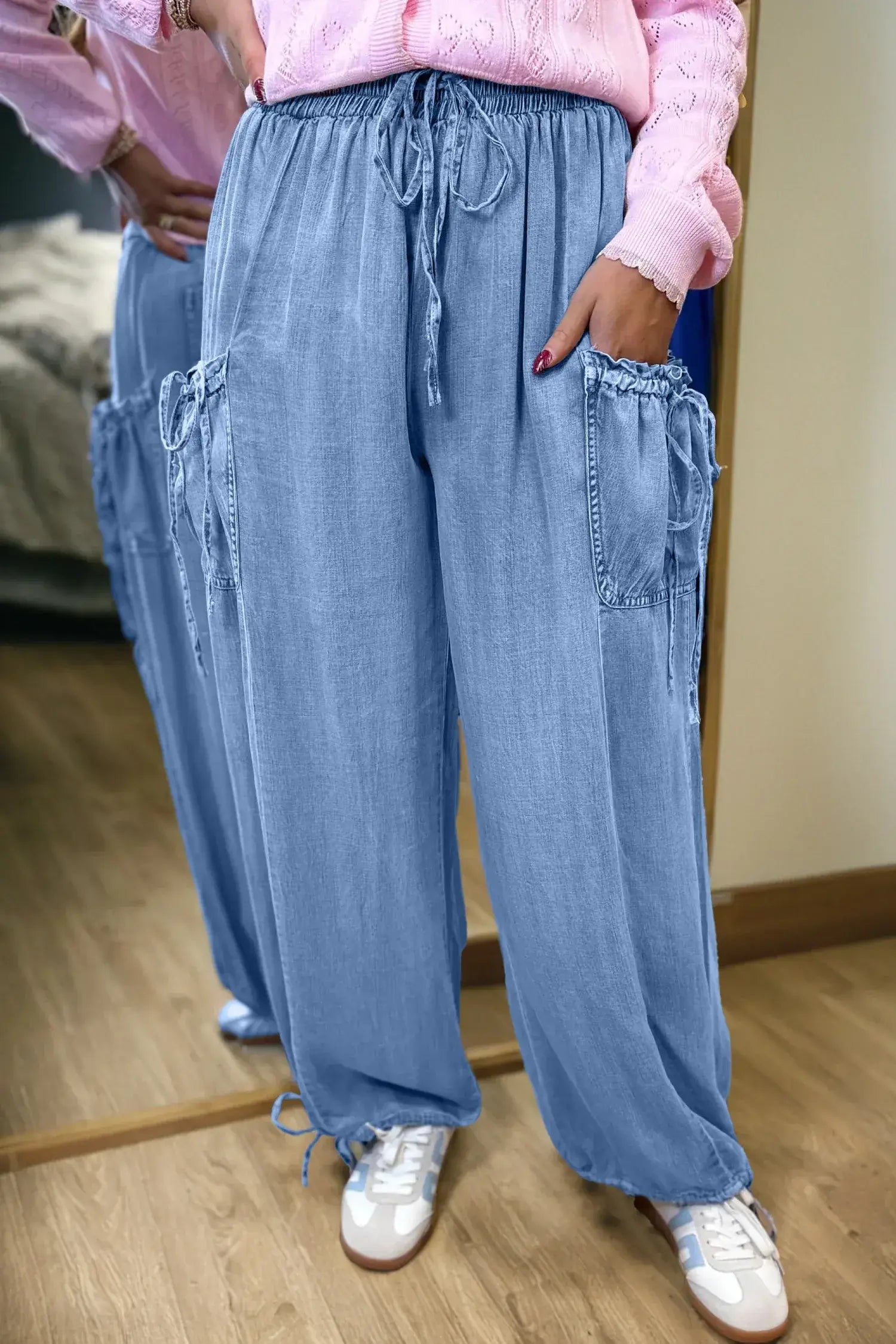 Beau Blue Drawstring Elastic Waist Pocketed Loose Denim Pants - Sweet Fashion Wholesale