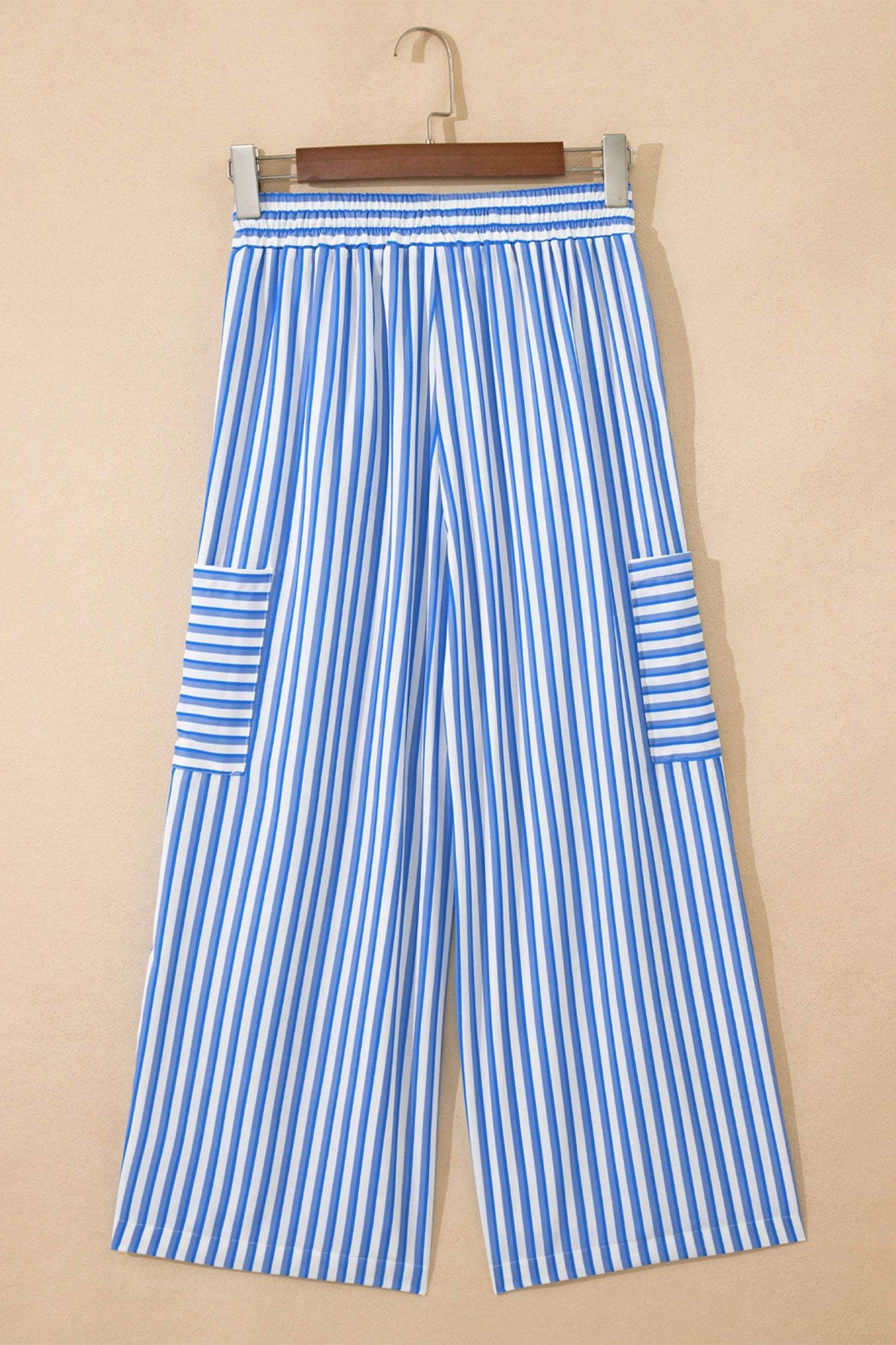 Sky Blue Stripe Drawstring Elastic Waist Patch Pocket Wide Leg Ankle-length Pants