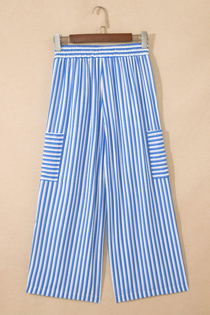 Sky Blue Stripe Drawstring Elastic Waist Patch Pocket Wide Leg Ankle-length Pants