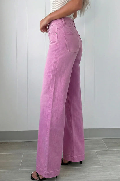 Mist Green 2-Button High Waist Wide Leg Jeans - Sweet Fashion Wholesale