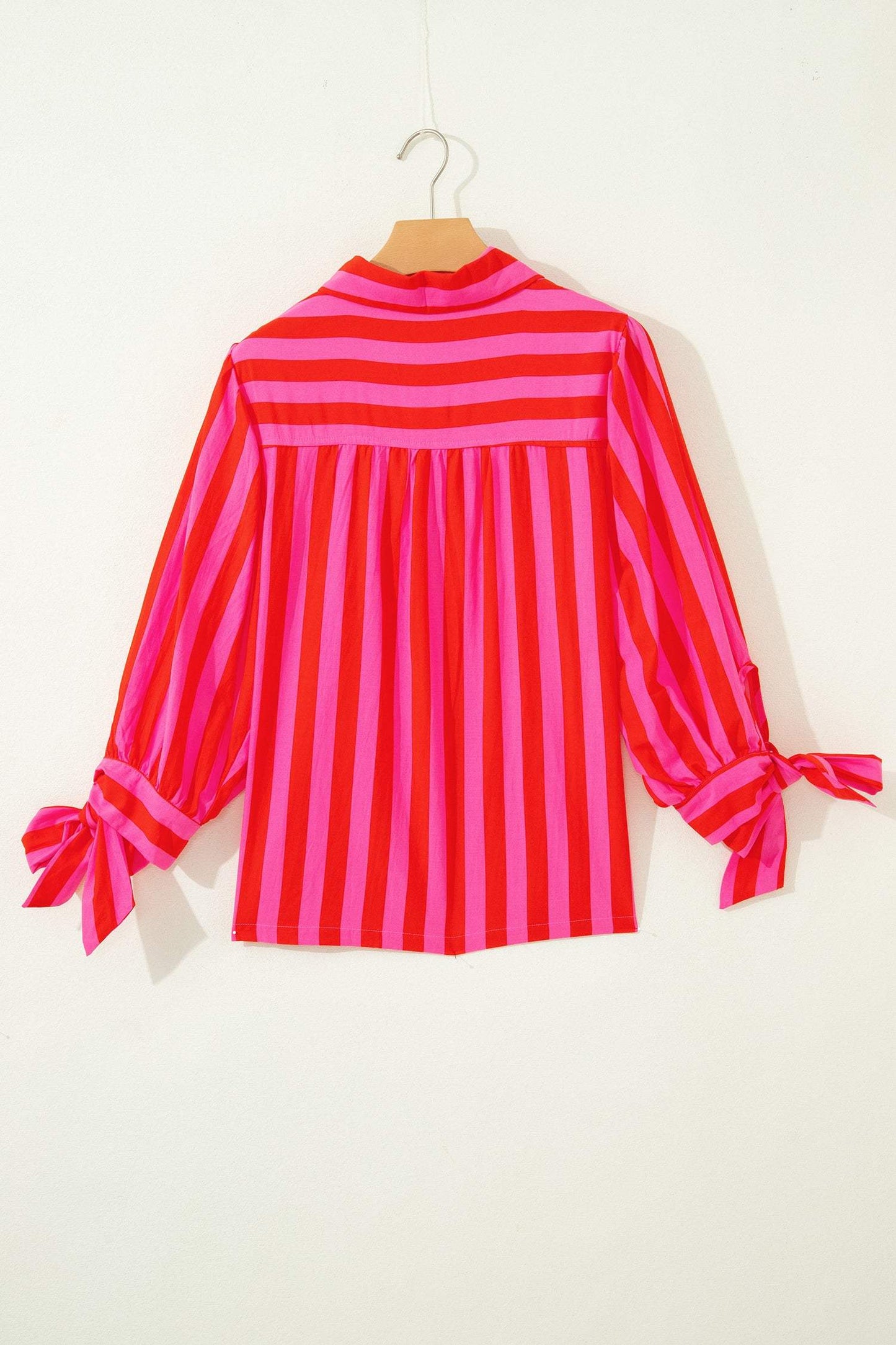 Red Stripe Tie Puff Sleeve Womens Button Down Shirt