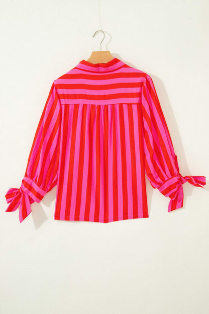 Red Stripe Tie Puff Sleeve Womens Button Down Shirt