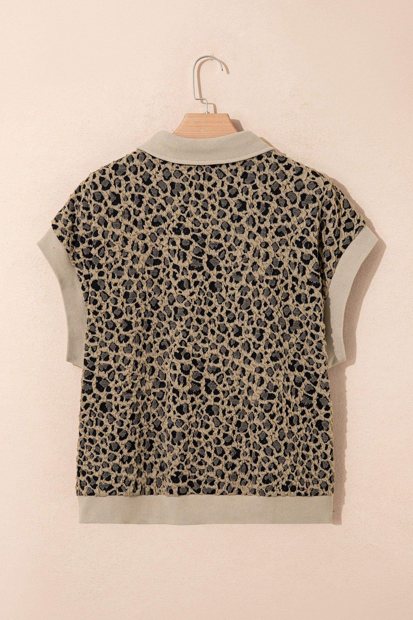 Beige Ribbed Patchwork Collar Cuffed Sleeve Leopard Plus Top - Sweet Fashion Wholesale