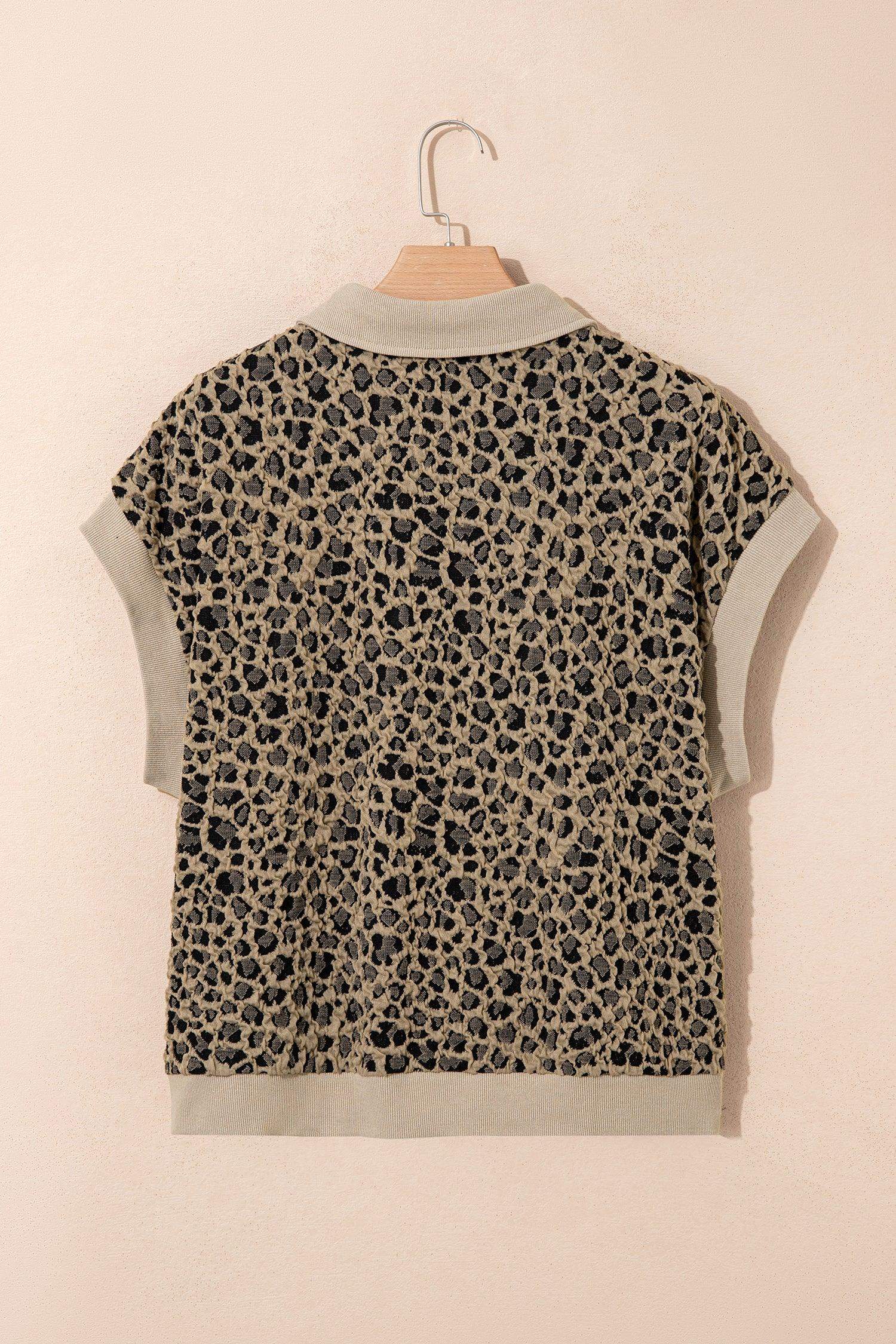 Beige Ribbed Patchwork Collar Cuffed Sleeve Leopard Plus Top - Sweet Fashion Wholesale