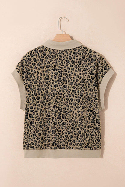Beige Ribbed Patchwork Collar Cuffed Sleeve Leopard Plus Top - Sweet Fashion Wholesale