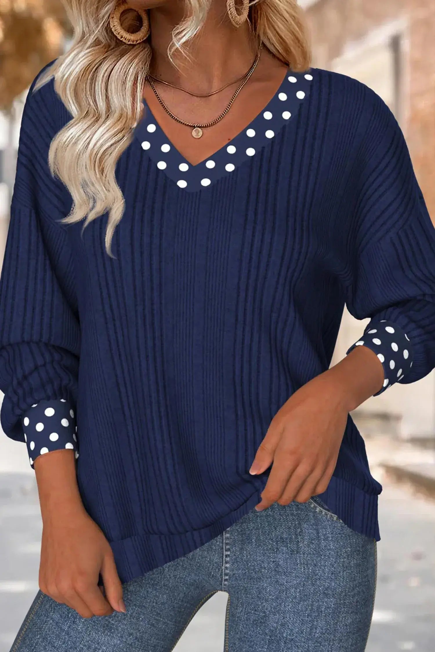 Dirty blue Polka Dot Trimmed V Neck Bow Tie Textured Ribbed Top - Sweet Fashion Wholesale