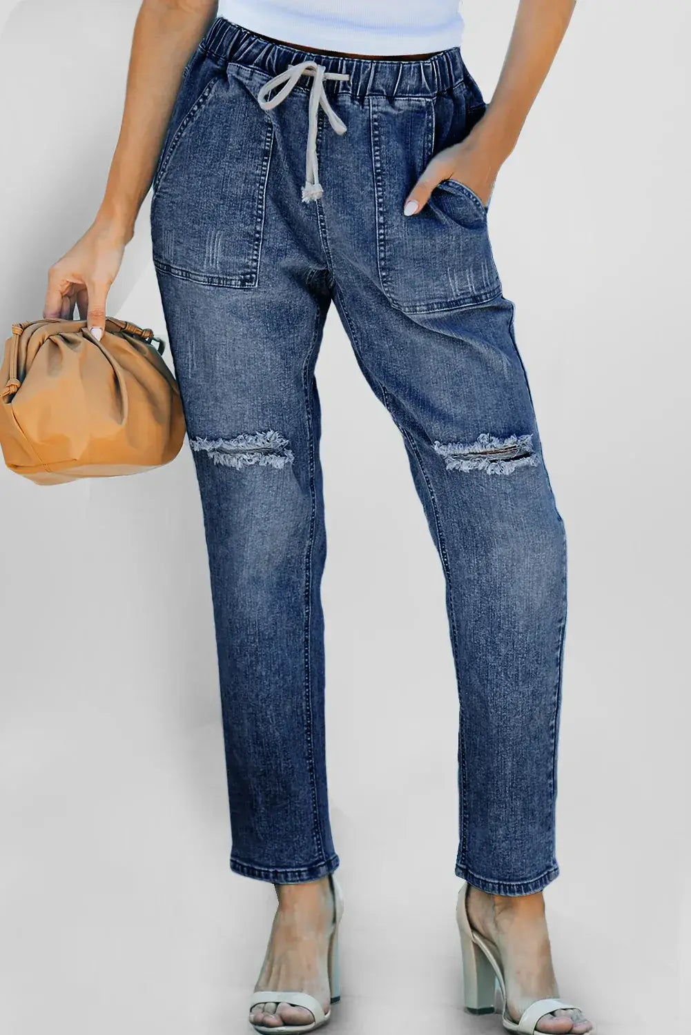 Dark Blue Gather Round Distressed Pocketed Denim Jogger - Sweet Fashion Wholesale