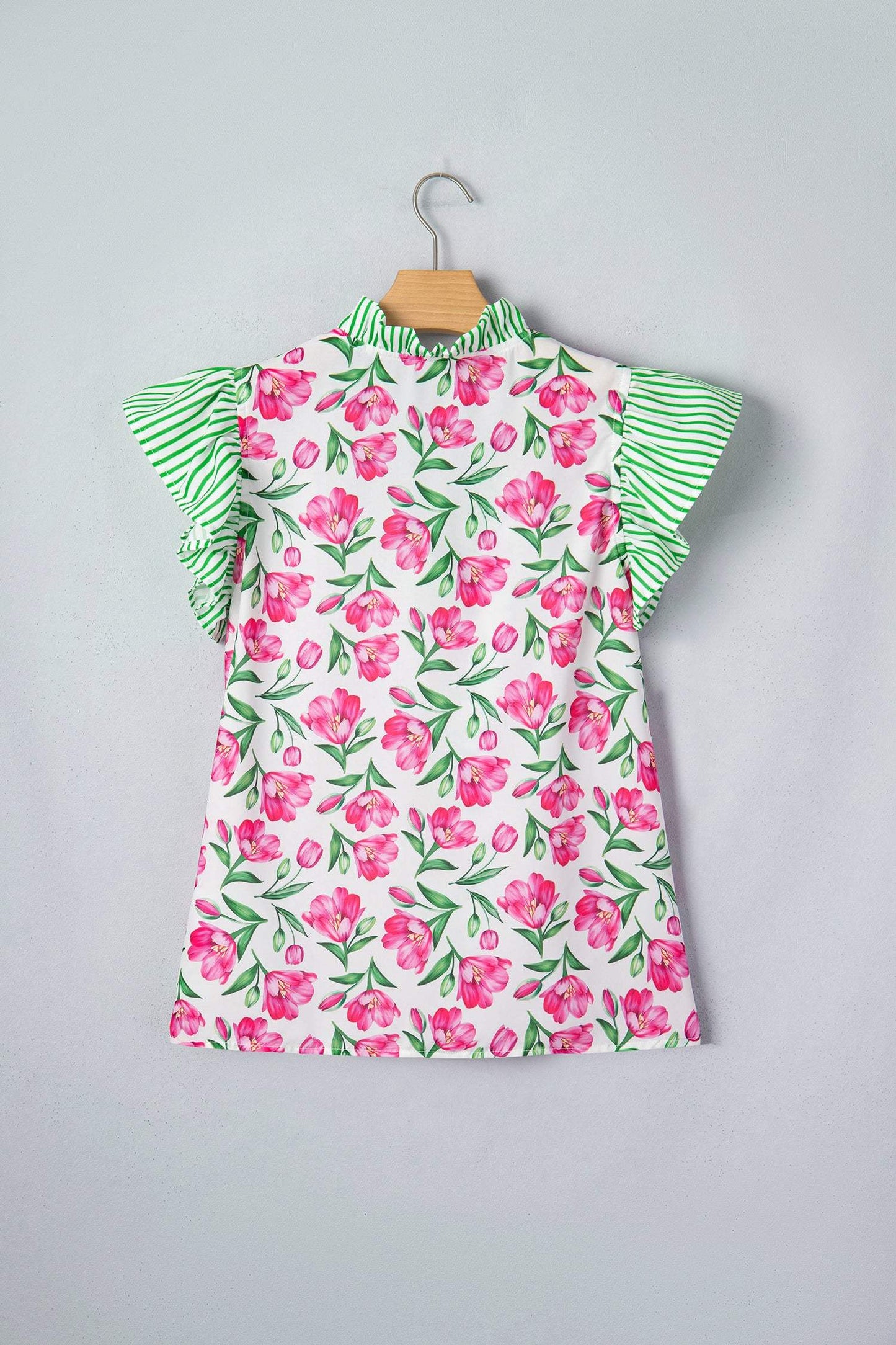 Multicolour Sweet Floral Print Striped Ruffle Trim V Neck Blouse