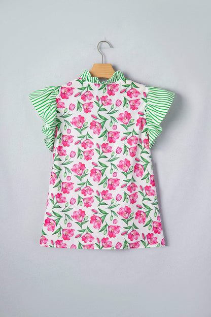 Multicolour Sweet Floral Print Striped Ruffle Trim V Neck Blouse