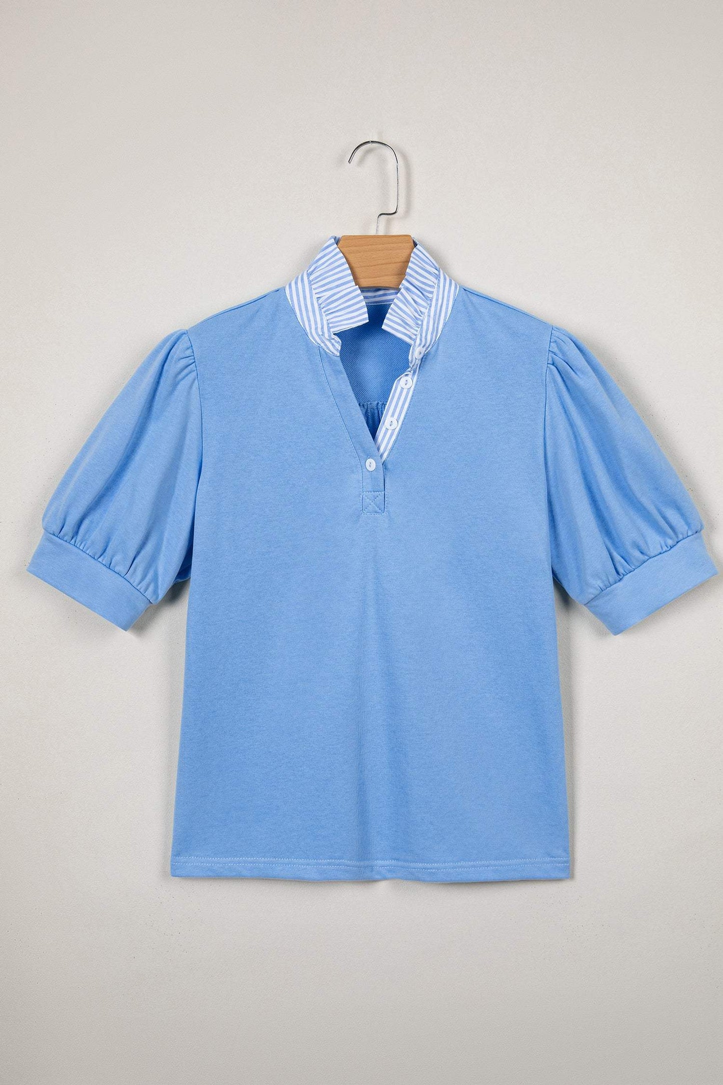 Sky Blue Striped Frilled Collar Short Sleeve Blouse