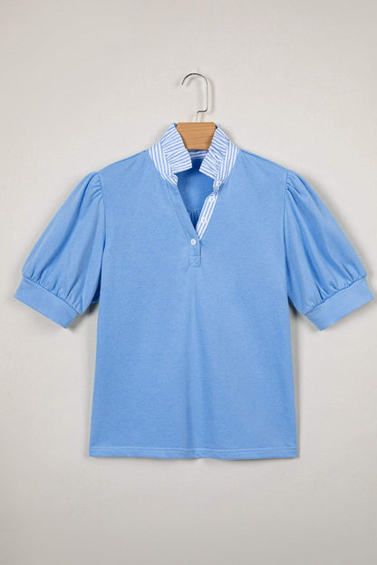 Sky Blue Striped Frilled Collar Short Sleeve Blouse