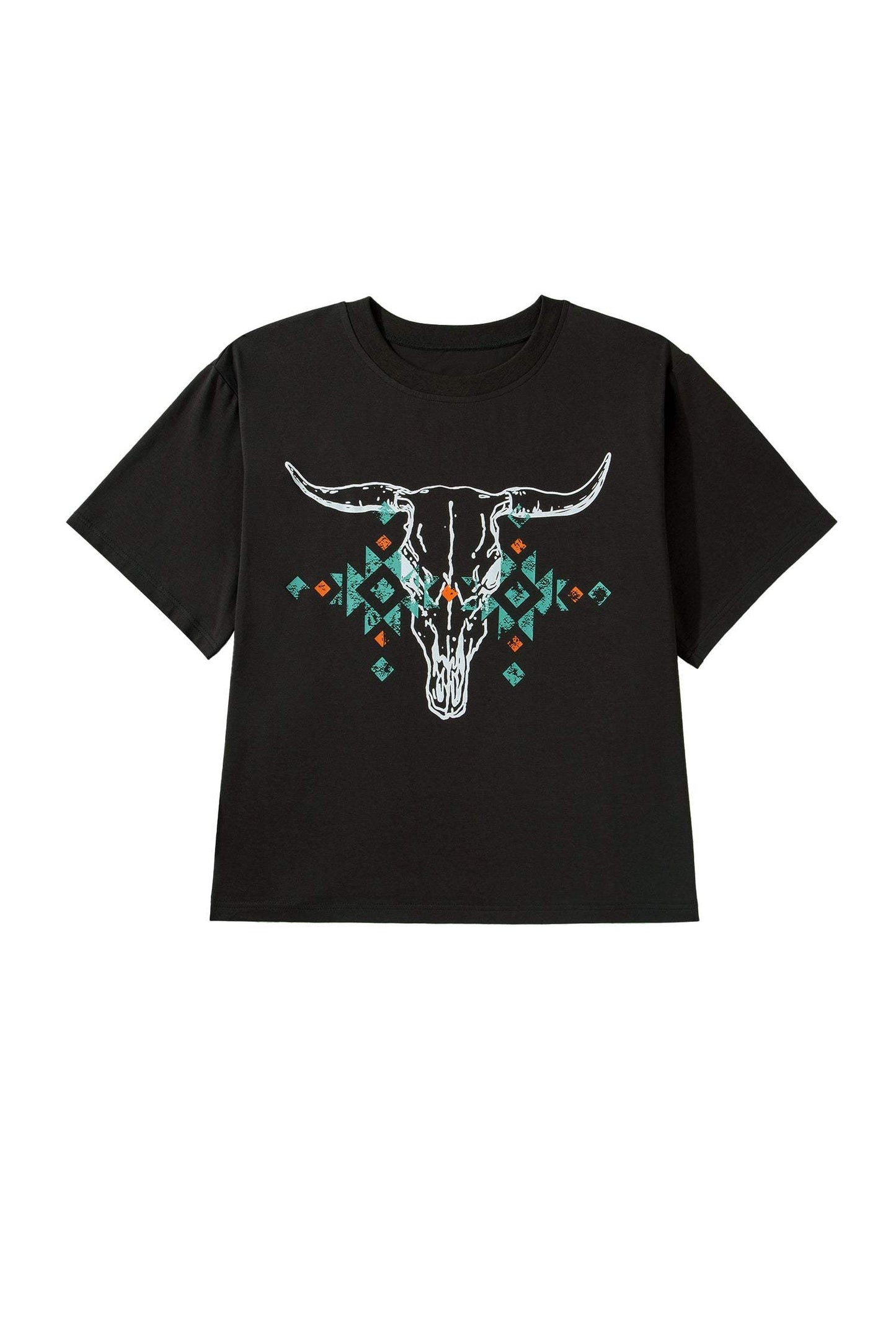 Carbon Grey Plus Size Western Aztec Bull Skull Printed T Shirt