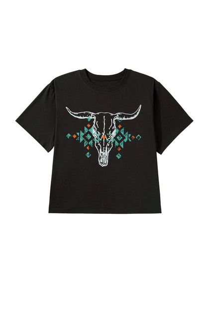 Carbon Grey Plus Size Western Aztec Bull Skull Printed T Shirt