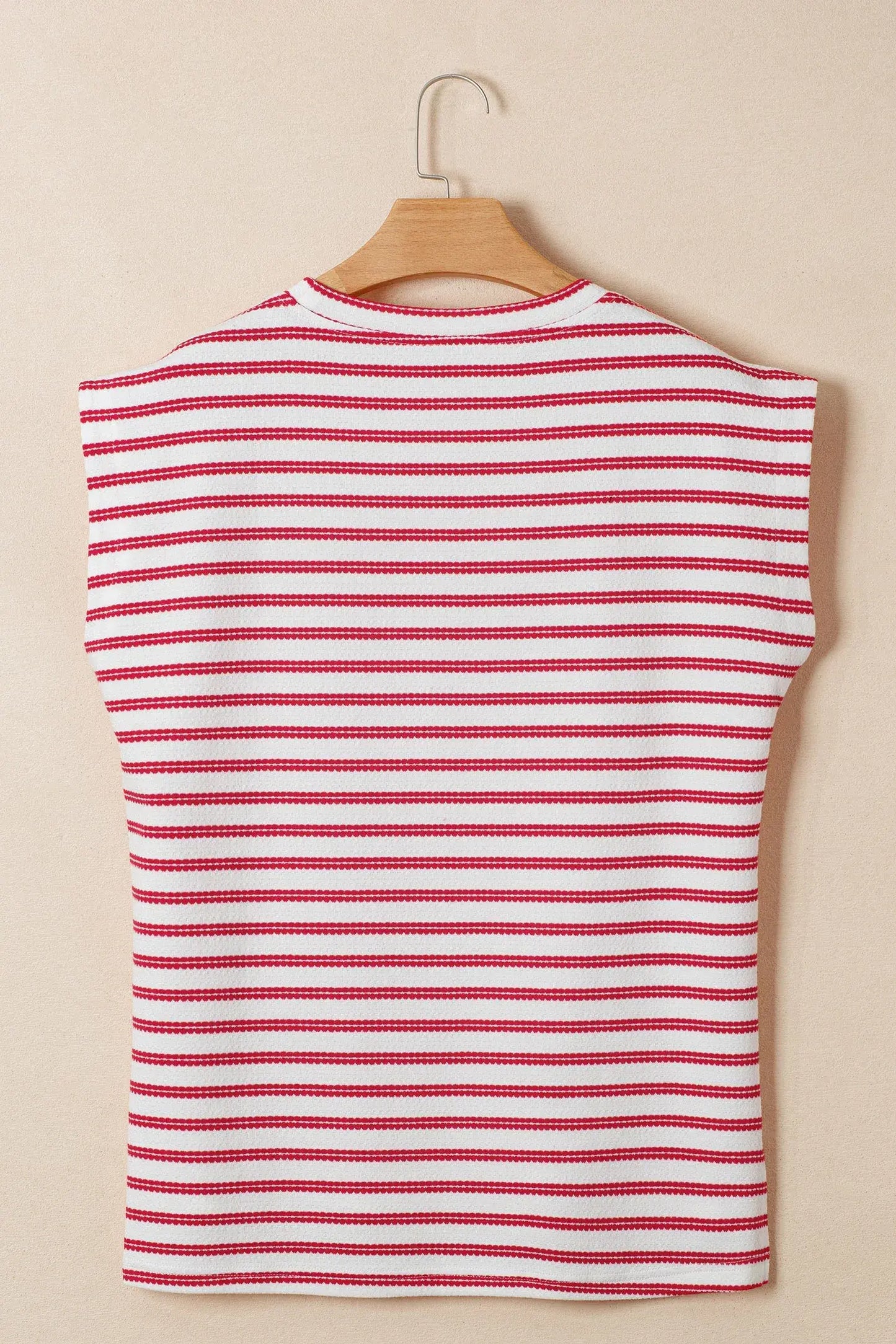 Red Stripe Textured Knit Button Detail Short Sleeve Casual Tee - Sweet Fashion Wholesale