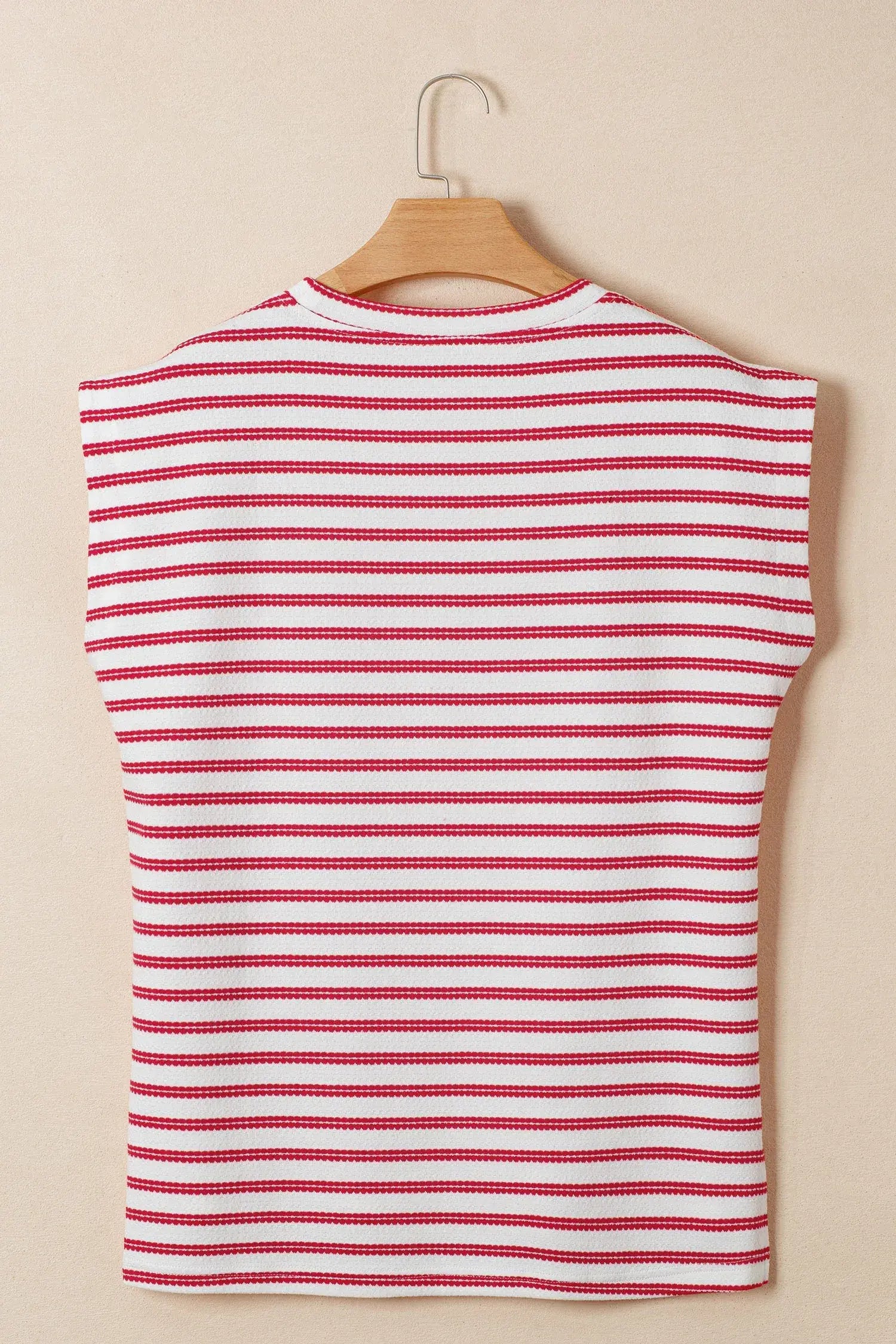 Red Stripe Textured Knit Button Detail Short Sleeve Casual Tee - Sweet Fashion Wholesale
