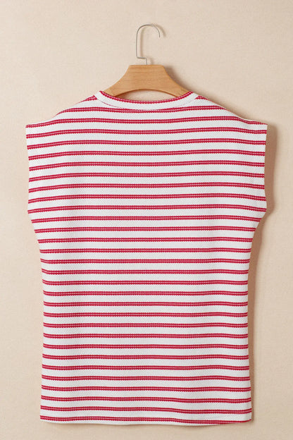 Red Stripe Textured Knit Button Detail Short Sleeve Casual Tee - Sweet Fashion Wholesale