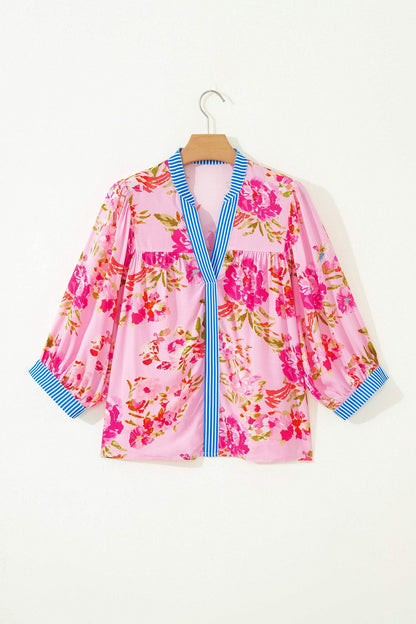 Multicolour Floral Half Sleeve Striped Trim V Neck Blouse
