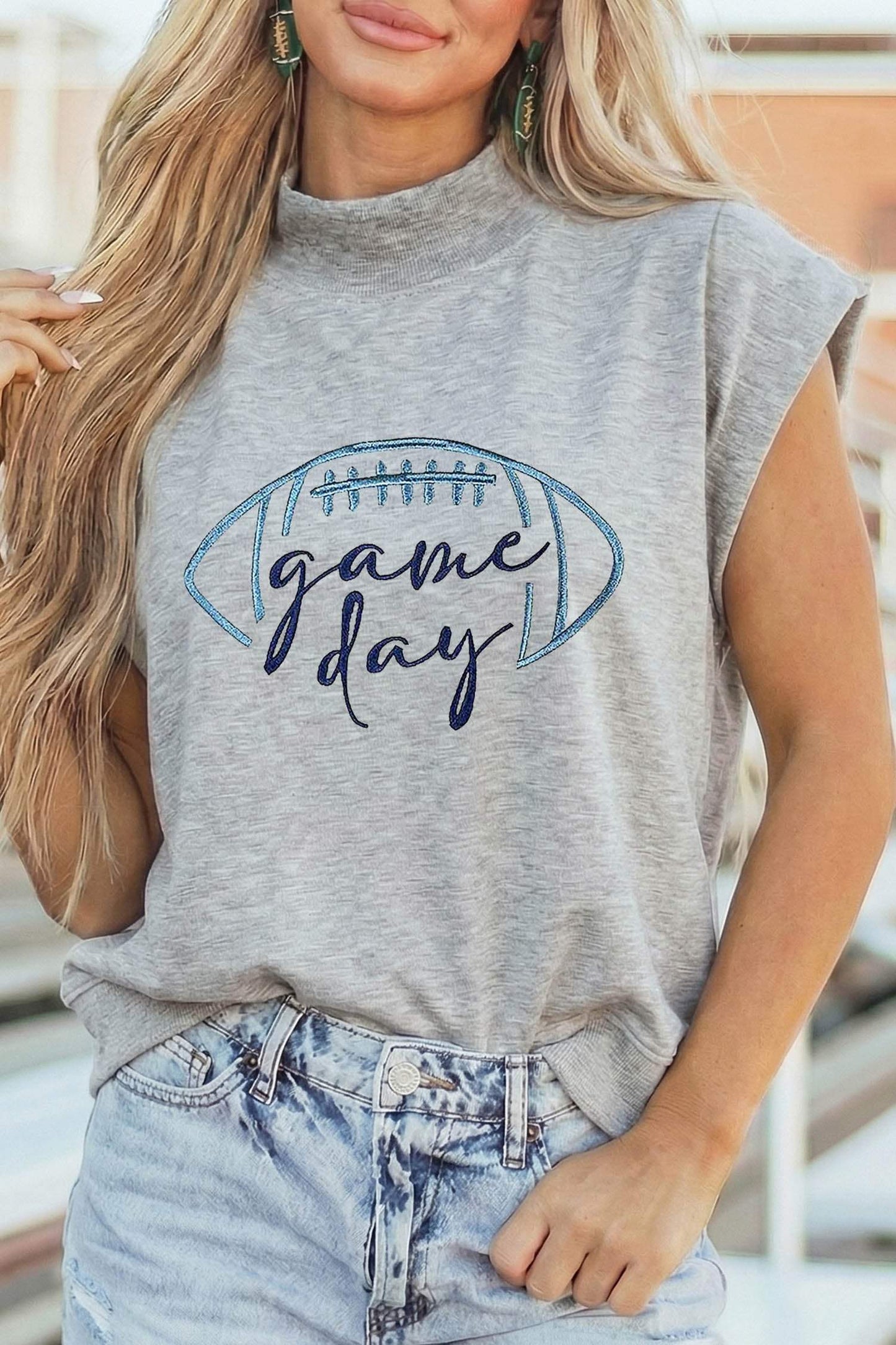 Light Grey Embroidered Game Day Football High Neck Short Sleeve Top