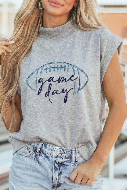 Light Grey Embroidered Game Day Football High Neck Short Sleeve Top