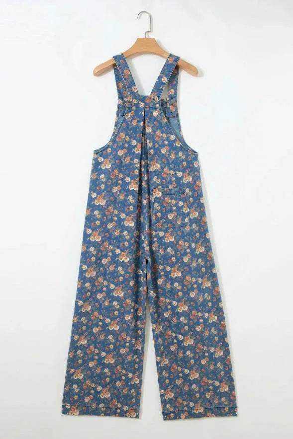 Blue Vintage Rose Printed Pleated Loose Denim Overall Jumpsuit