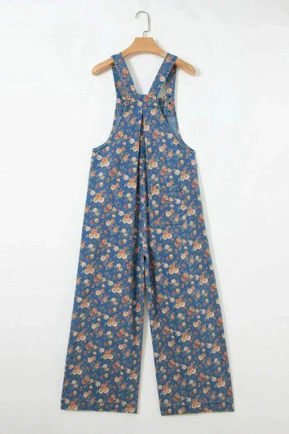 Blue Vintage Rose Printed Pleated Loose Denim Overall Jumpsuit