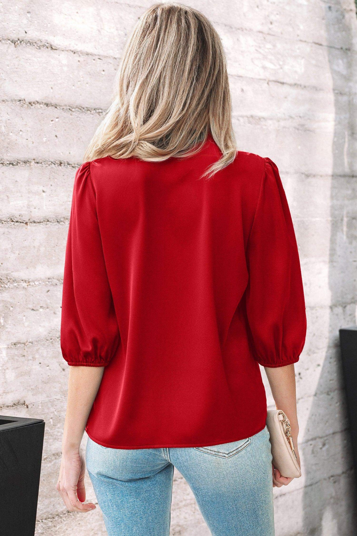 Fiery Red Solid Color Frilled V Neck Bow Detail 3/4 Sleeve Blouse - Sweet Fashion Wholesale