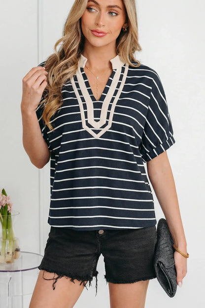 White Stripe Stand Collar V Neck Elastic Cuffs Half Sleeve Dolman Top - Sweet Fashion Wholesale