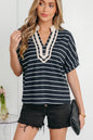 White Stripe Stand Collar V Neck Elastic Cuffs Half Sleeve Dolman Top - Sweet Fashion Wholesale