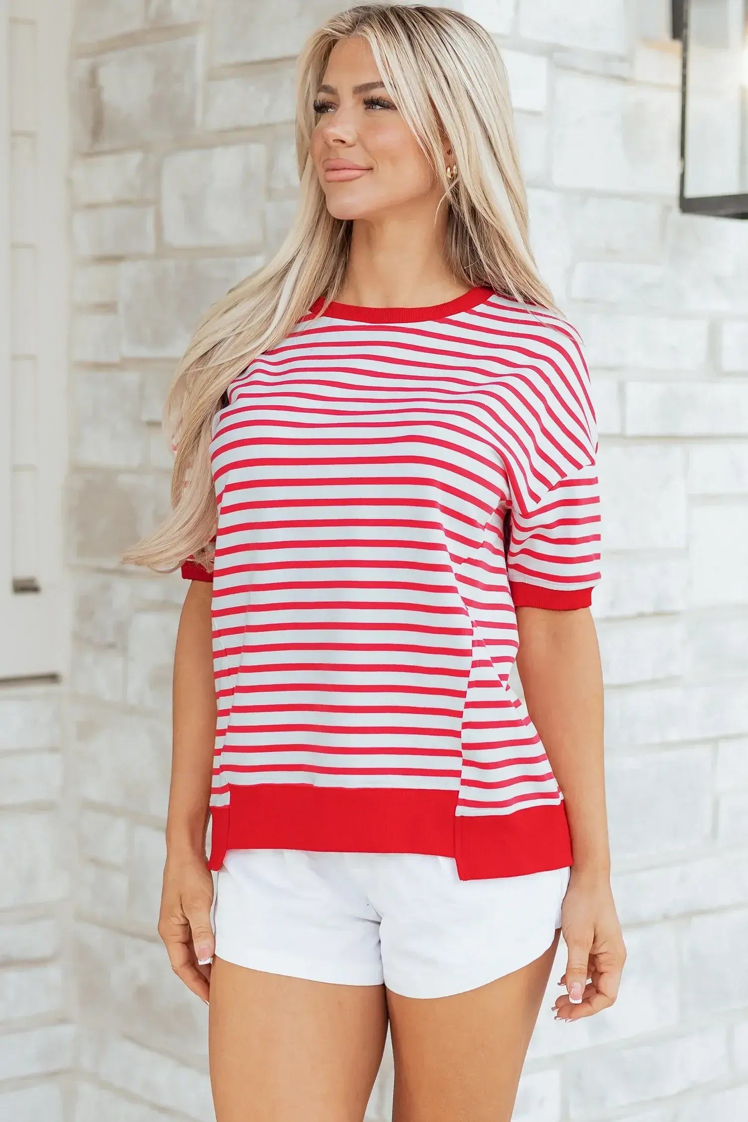 Red Stripe Drop Shoulder Half Sleeve T Shirt - Sweet Fashion Wholesale