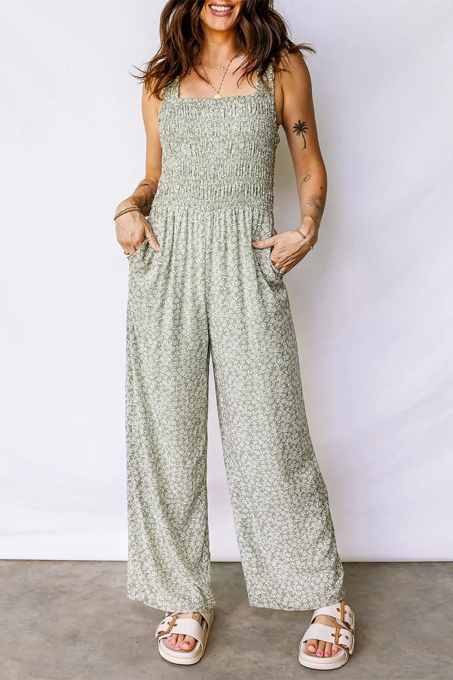 Green Smocked Bodice Square Neck Sleeveless Floral Jumpsuit - Sweet Fashion Wholesale