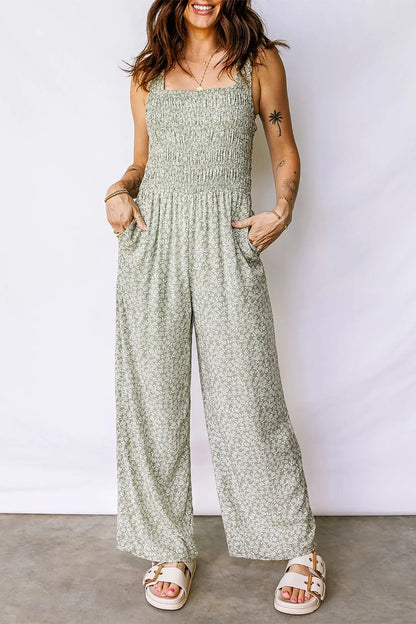 Green Smocked Bodice Square Neck Sleeveless Floral Jumpsuit - Sweet Fashion Wholesale