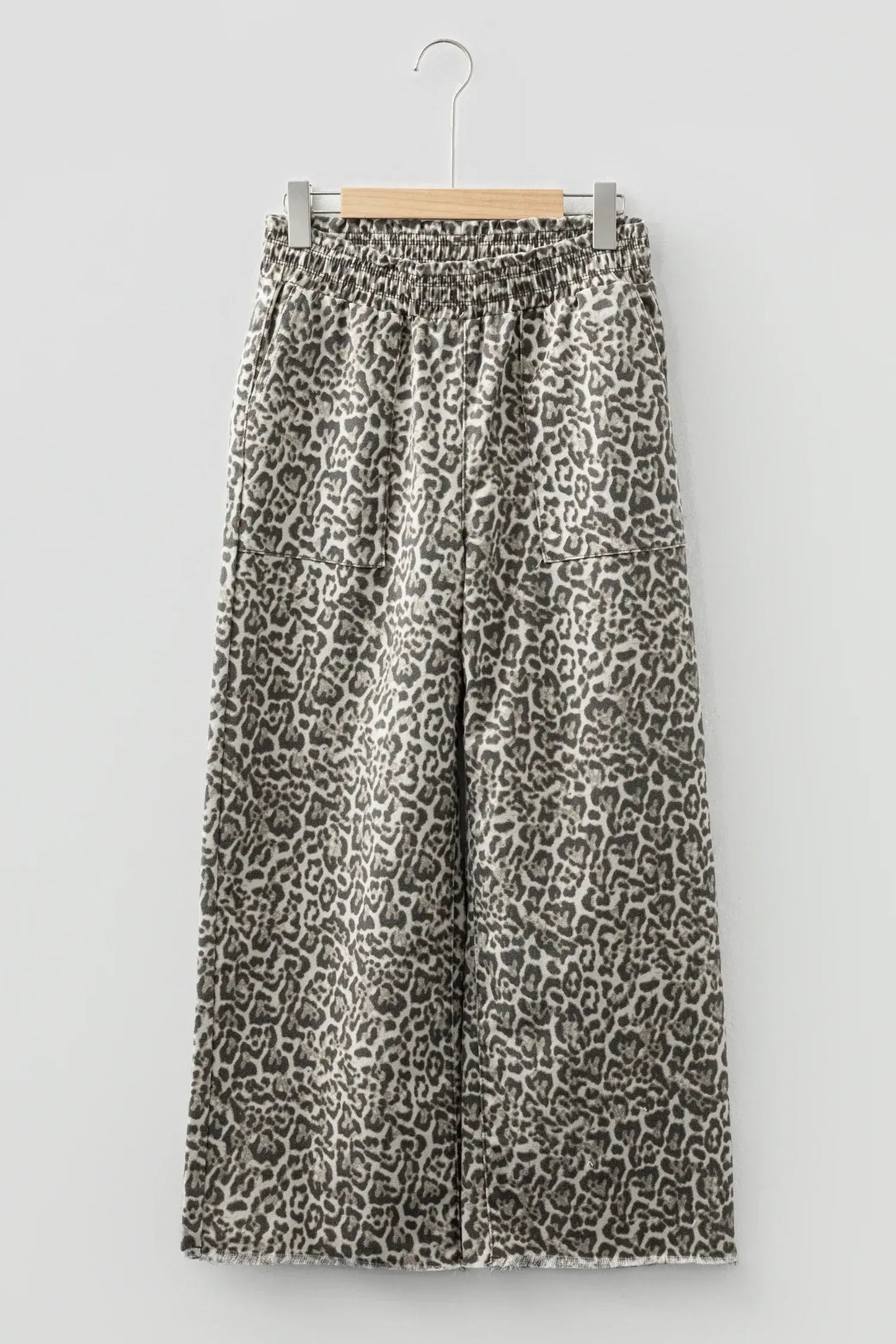 Brown Leopard Print Raw Hem Elastic Waist Loose Pull On Jeans - Sweet Fashion Wholesale