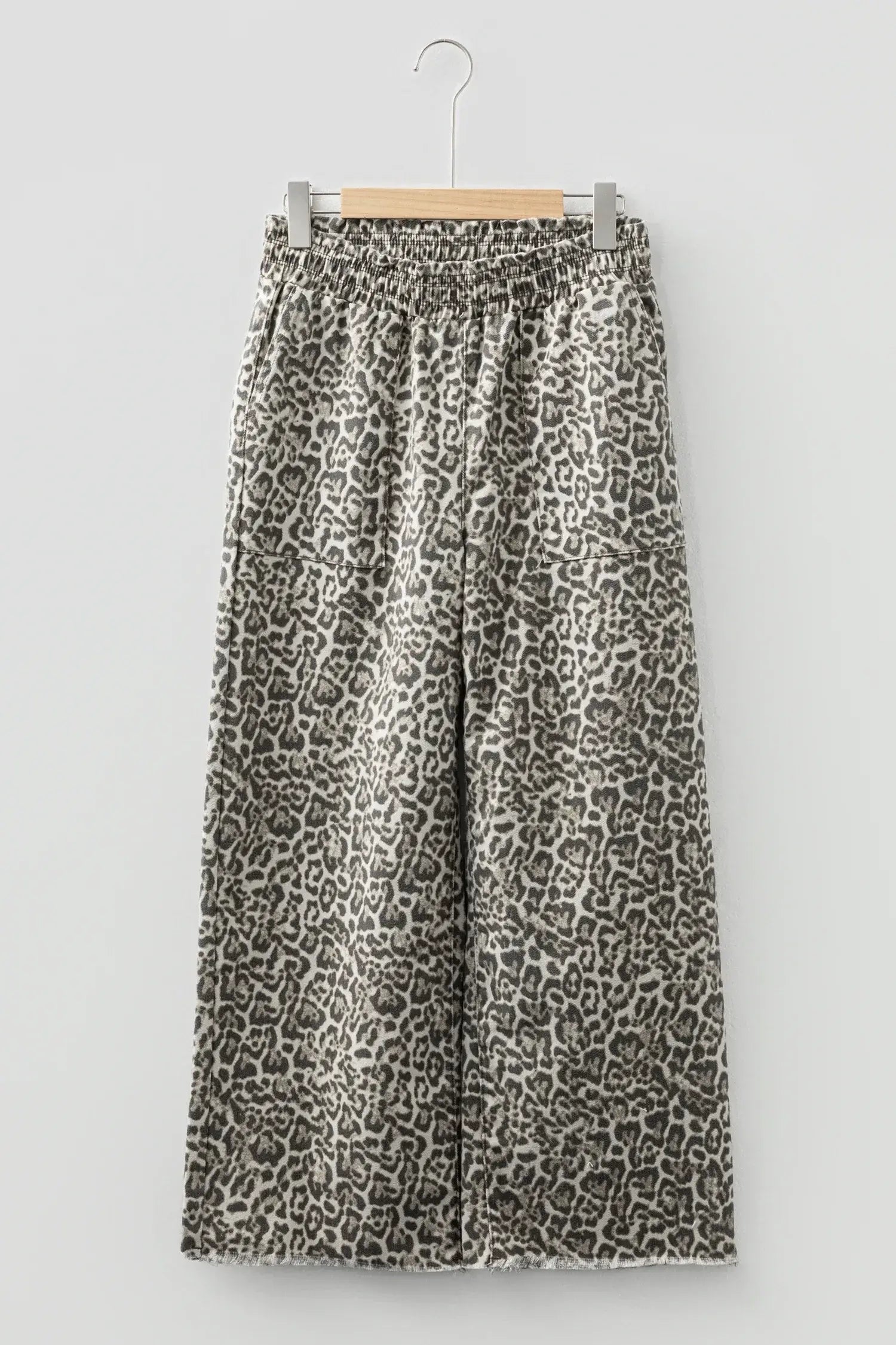 Brown Leopard Print Raw Hem Elastic Waist Loose Pull On Jeans - Sweet Fashion Wholesale