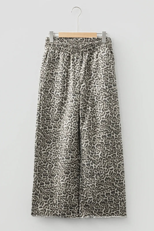 Brown Leopard Print Raw Hem Elastic Waist Loose Pull On Jeans - Sweet Fashion Wholesale
