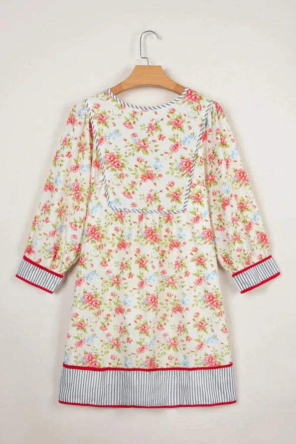 Apricot Striped Edge 3/4 Puff Sleeve Floral Dress