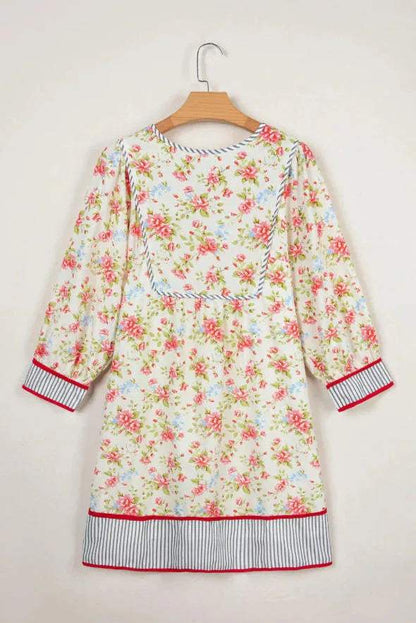 Apricot Striped Edge 3/4 Puff Sleeve Floral Dress