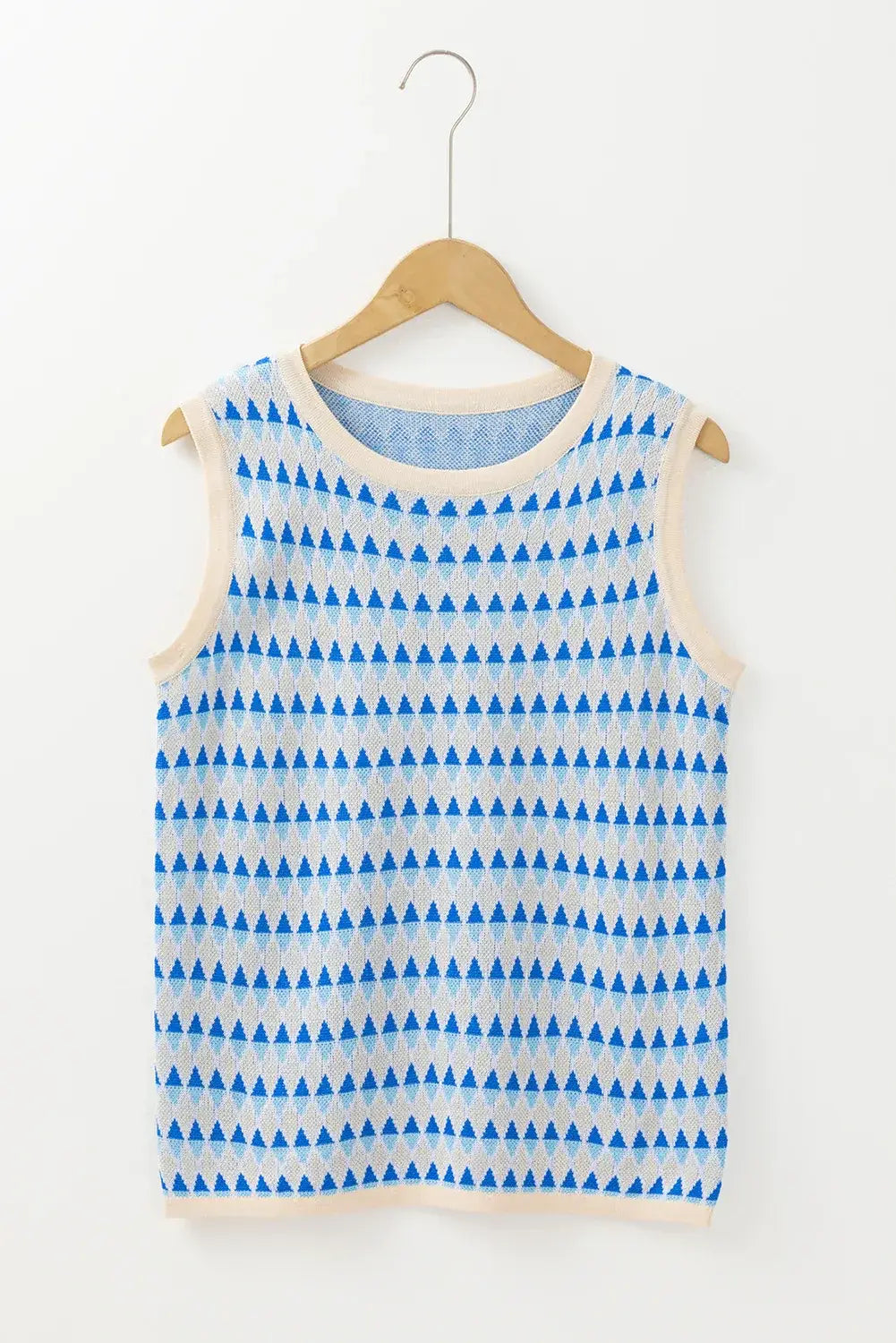 Sky Blue Stripe Geometric Print Round Neck Slim Fit Sweater Vest