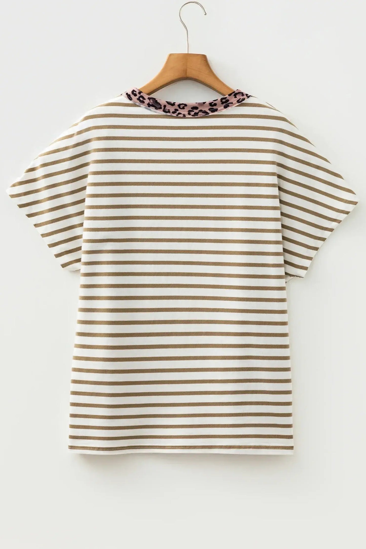 Khaki Stripe Leopard Patchwork Round Neck Loose T Shirt - Sweet Fashion Wholesale