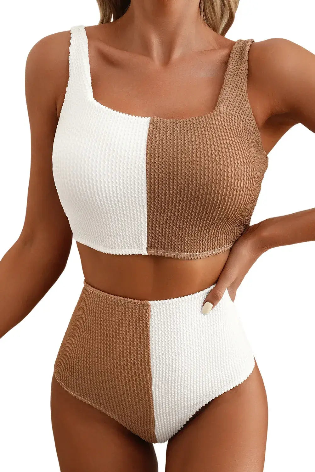 White Corded Colorblock Square Neck Bikini Swimsuit - Sweet Fashion Wholesale